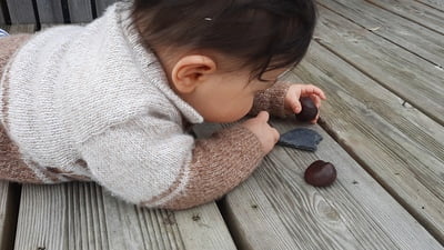 un bébé de 8 mois attrape un marron et le frappe contre une ardoise